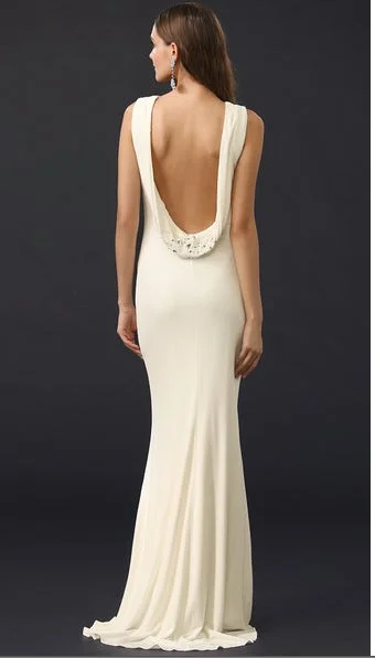 Stock Clearance Badgley Mischka Beaded Cowl Back Gown (Ivory)