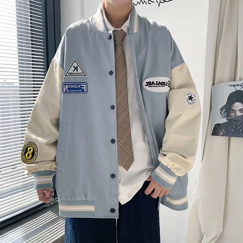 Instant Discount awakecrm Korean Clothes Autumn Baseball Uniform Men Patchwork Loose All-match Jacket Trend Harajuku Streetwear Men Winter Jackets Coat