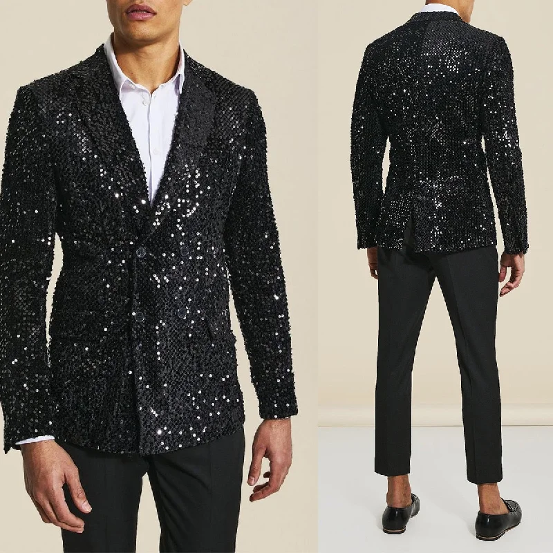 Price Rollback Black Men Suits 2 Pieces Shiny Sequins Blazer Black Pants Double Breasted Modern Wedding Groom Formal Work Party Causal Tailored Price Rollback Black Men Suits 2 Pieces Shiny Sequins Blazer Black Pants Double Breasted Modern Wedding Groom Formal Work Party Causal Tailored