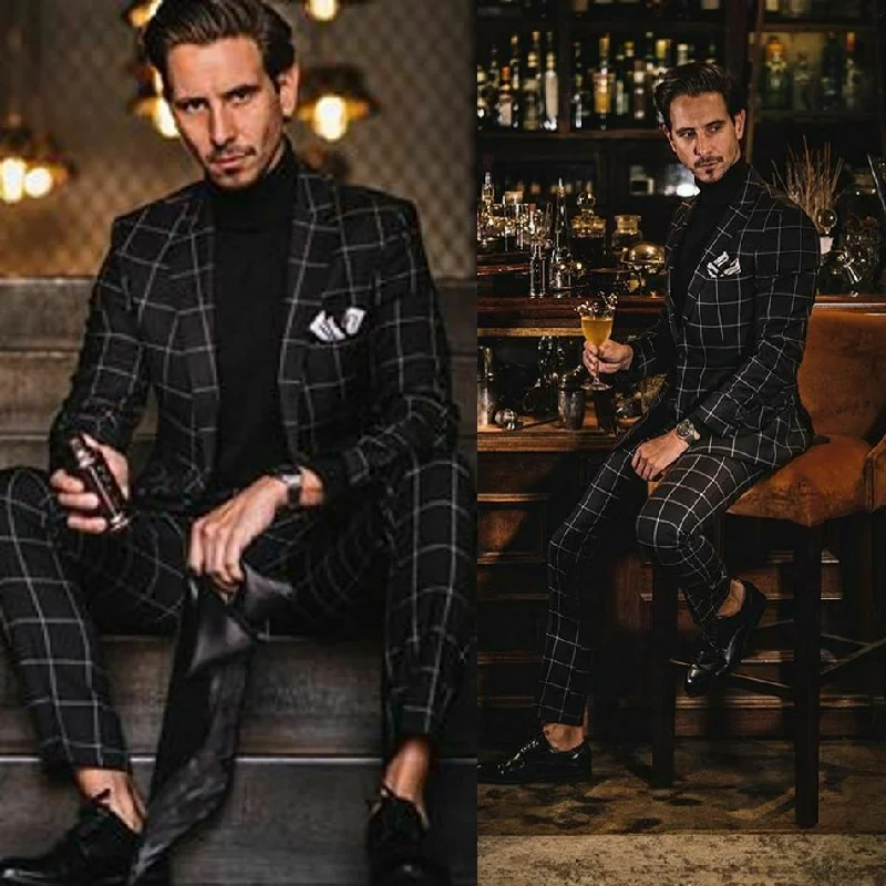 Sale Event Black Plaid Men Suit 2 Pieces New Fashion Tailor-Made Blazer Pants Single Breasted Wedding Groom Work Wear Causal Tailored Sale Event Black Plaid Men Suit 2 Pieces New Fashion Tailor-Made Blazer Pants Single Breasted Wedding Groom Work Wear Causal Tailored