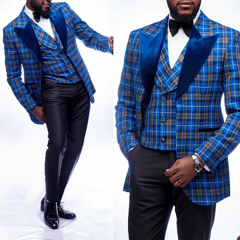 Price Cut Blue Plaid Men Suits 2 Pieces Blazer Vest Black Pants Single Breasted Velvet Lapel Wedding Formal Work Party Causal Tailored Price Cut Blue Plaid Men Suits 2 Pieces Blazer Vest Black Pants Single Breasted Velvet Lapel Wedding Formal Work Party Causal Tailored