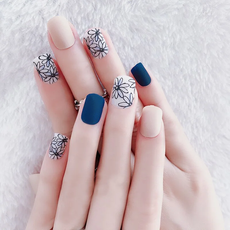 Take Advantage Fashion women nail art decorations 24pcs Short False Nails with glue Flower Pattern Designs Blue Matte Fake Nails Faux Ongles Take Advantage Fashion women nail art decorations 24pcs Short False Nails with glue Flower Pattern Designs Blue Matte Fake Nails Faux Ongles
