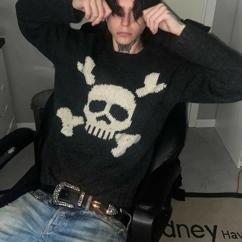 Flash Deals Gothic Sweater Skull Graphic Knitwear Hip Hop Punk Men's Pullover Retro Vintage Long Sleeve Women's Top Oversize Y2K Clothes 90s Flash Deals Gothic Sweater Skull Graphic Knitwear Hip Hop Punk Men's Pullover Retro Vintage Long Sleeve Women's Top Oversize Y2K Clothes 90s
