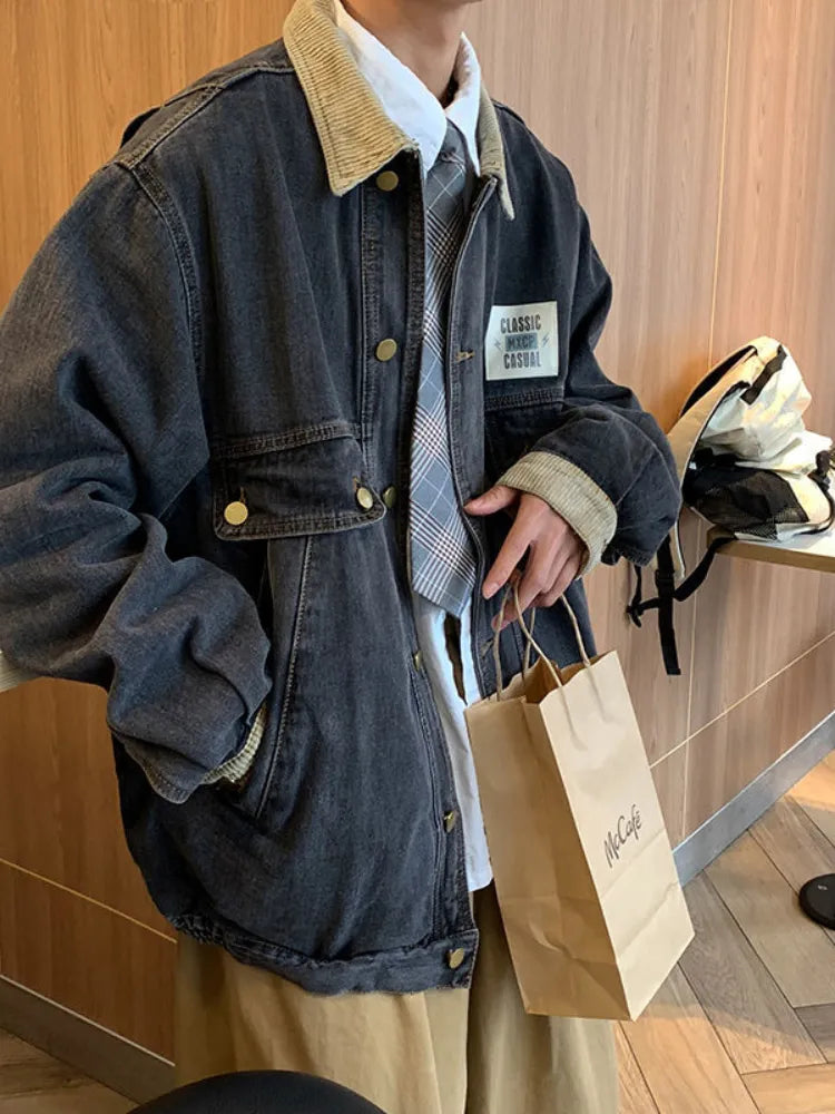 Bargain Bin Japan Retro Lapel Denim Jacket Cityboys Punk Loose Jacket Autumn Hong Kong Style Hip Hop Handsome Stitching Jeans Coat Bargain Bin Japan Retro Lapel Denim Jacket Cityboys Punk Loose Jacket Autumn Hong Kong Style Hip Hop Handsome Stitching Jeans Coat
