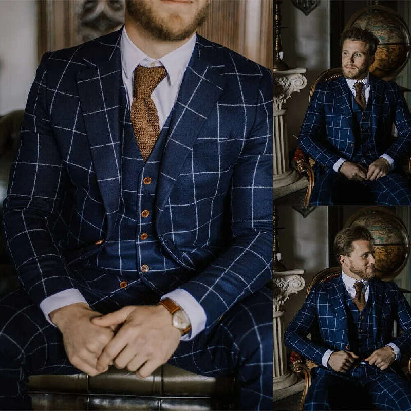Instant Discount Latest Design Men Suits Modern Plaid Blue England Style Tailor-Made Tuxedo 3 Pieces Blazer Wedding Party Groom Costume Instant Discount Latest Design Men Suits Modern Plaid Blue England Style Tailor-Made Tuxedo 3 Pieces Blazer Wedding Party Groom Costume
