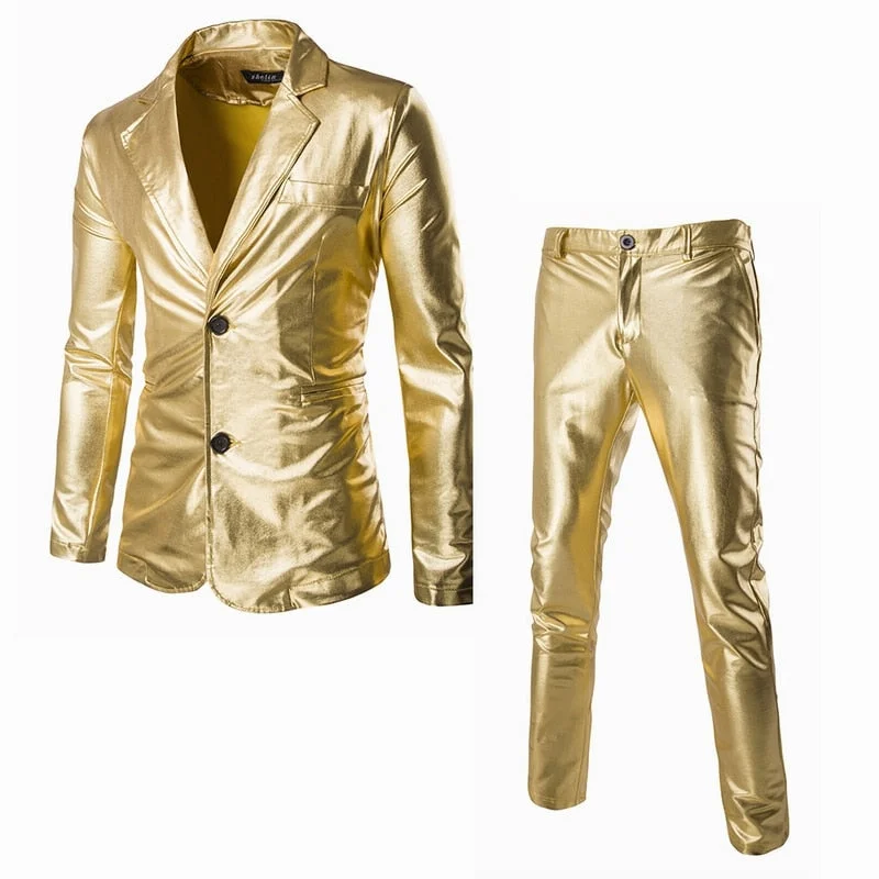 Final Markdown Mens Shiny Gold Coated Metallic Suits Blazer with Pants Slim Fit Night Club 2 Piece Suit ( Jacket+Pants) Perform Stage Costumes Final Markdown Mens Shiny Gold Coated Metallic Suits Blazer with Pants Slim Fit Night Club 2 Piece Suit ( Jacket+Pants) Perform Stage Costumes
