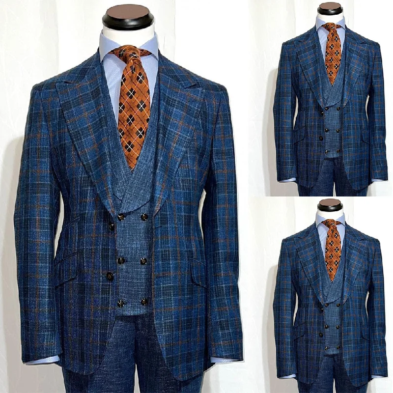 Hurry In Plaid Men Suit 3 Pieces Business Blazer Vest Pants Single Breasted Dark Blue Modern Wedding Groom Formal Work Causal Tailored Hurry In Plaid Men Suit 3 Pieces Business Blazer Vest Pants Single Breasted Dark Blue Modern Wedding Groom Formal Work Causal Tailored