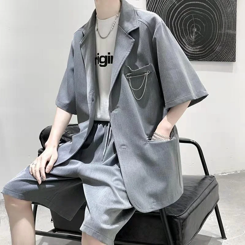 Markdowns Short Sleeve Blazer Suit Unisex Korean Drop Feeling Thin Coat Unisex Punk High Street Elastic Waist Pants Two Piece Set Markdowns Short Sleeve Blazer Suit Unisex Korean Drop Feeling Thin Coat Unisex Punk High Street Elastic Waist Pants Two Piece Set