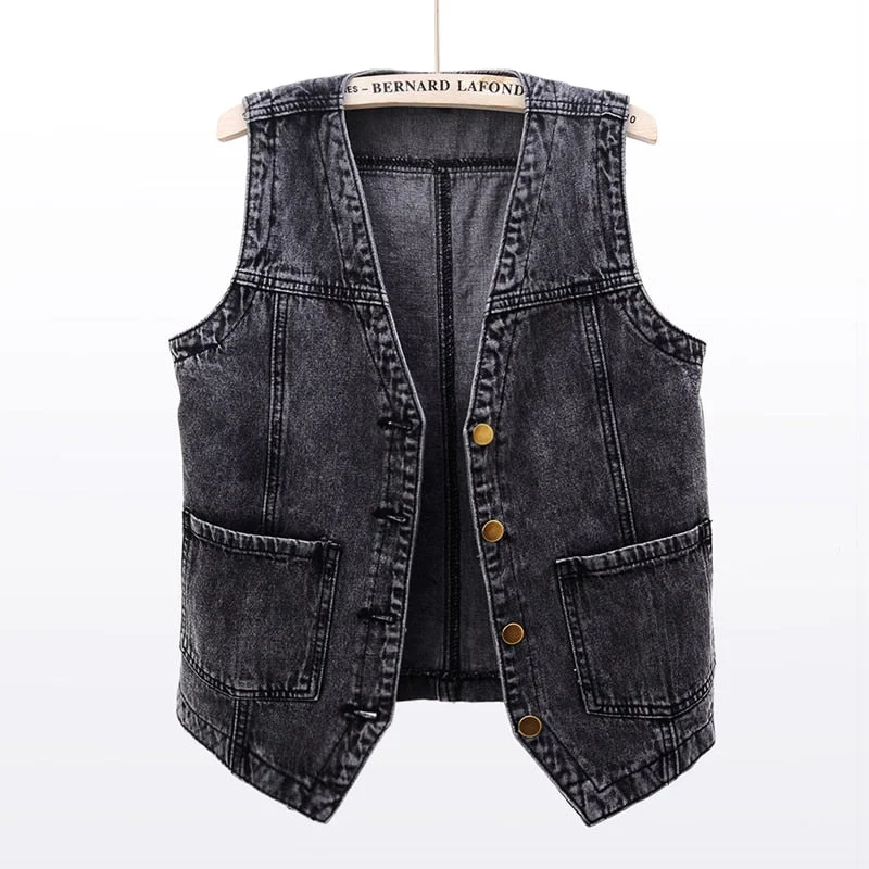 Now or Never Summer Korean Big Pocket Short Denim Vest Women Vintage Black Waistcoat Sleeveless Jacket Casual Loose Jeans Vests Female 5XL Now or Never Summer Korean Big Pocket Short Denim Vest Women Vintage Black Waistcoat Sleeveless Jacket Casual Loose Jeans Vests Female 5XL