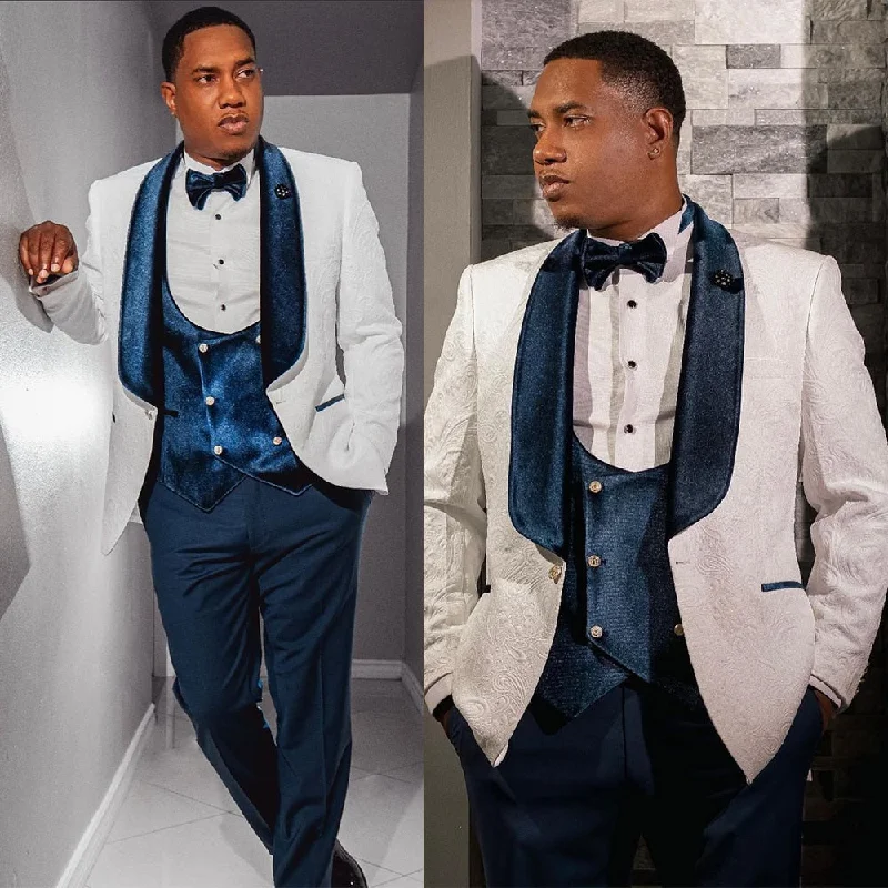 Price Reduction White Jacquard Men Suit 3 Pieces Gentle Blazer Vest Pants One Button Velvet Lapel Groom Formal Pinstripe Party Causal Tailored Price Reduction White Jacquard Men Suit 3 Pieces Gentle Blazer Vest Pants One Button Velvet Lapel Groom Formal Pinstripe Party Causal Tailored