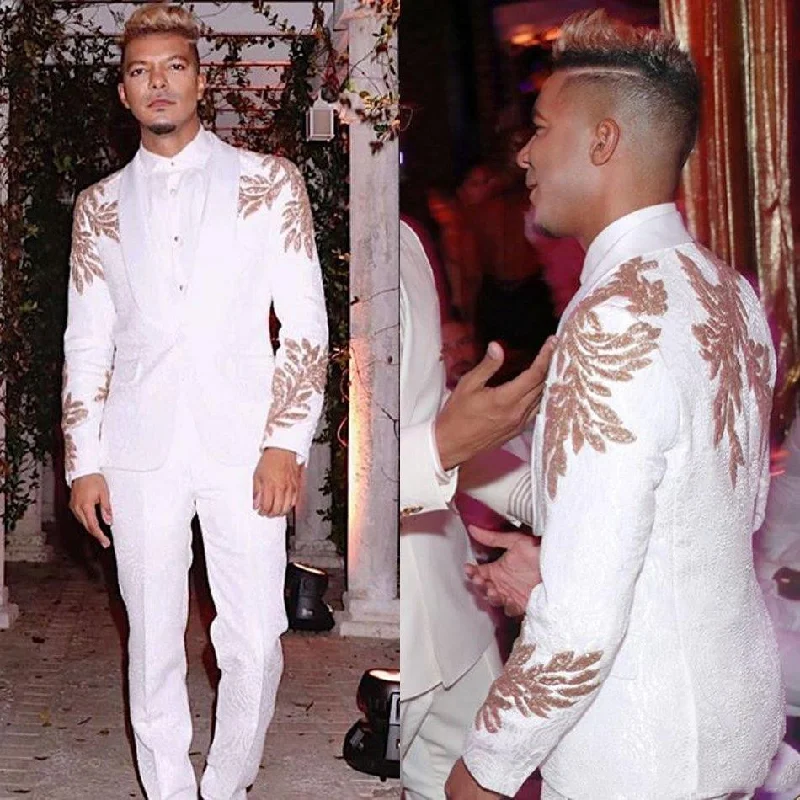 Savings Galore White Men Suit 2 Pieces Slim Fit Tailor-Made Blazer Pants Single Breasted Appliques Gold Wedding Groom Work Wear Causal Tailored Savings Galore White Men Suit 2 Pieces Slim Fit Tailor-Made Blazer Pants Single Breasted Appliques Gold Wedding Groom Work Wear Causal Tailored