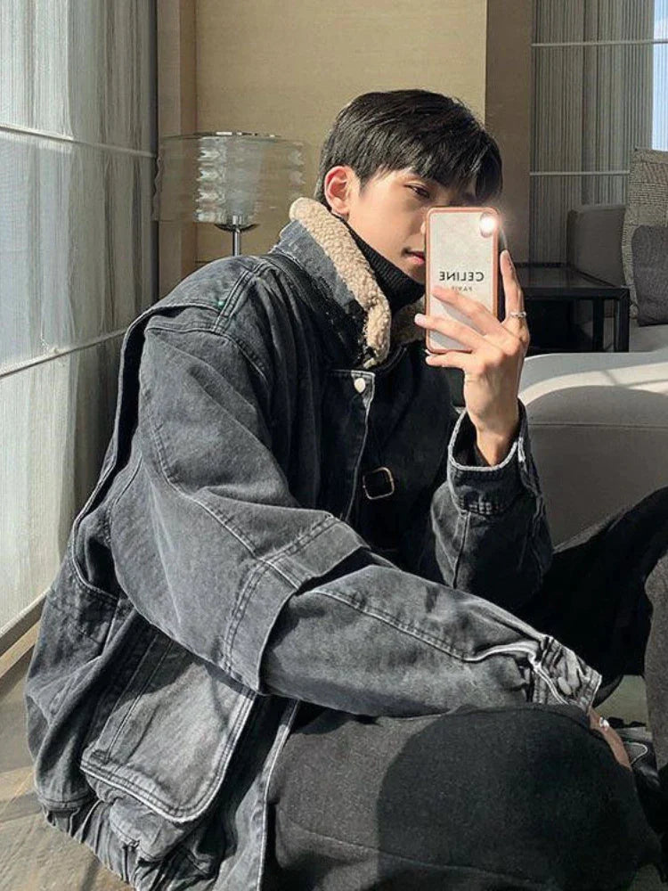 Savings Spectacular Winter Denim Lapel Coat Men Worwear Cargo Lambswool Button Jacket Male Korean Streetwear Big Pockets Thickened Parkas Savings Spectacular Winter Denim Lapel Coat Men Worwear Cargo Lambswool Button Jacket Male Korean Streetwear Big Pockets Thickened Parkas