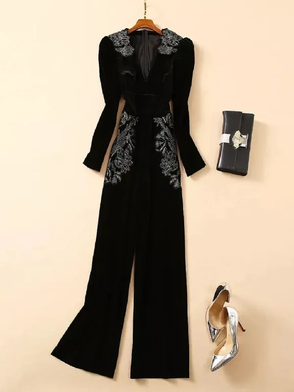 Instant Savings 2024 Spring Designer Velvet Jumpsuit Women's V-neck Bubble Sleeve Black Gold Embroidered Wide Leg