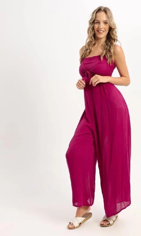 Anniversary Sale 57835 Open Elastic Back Solid Jumpsuit - Magenta