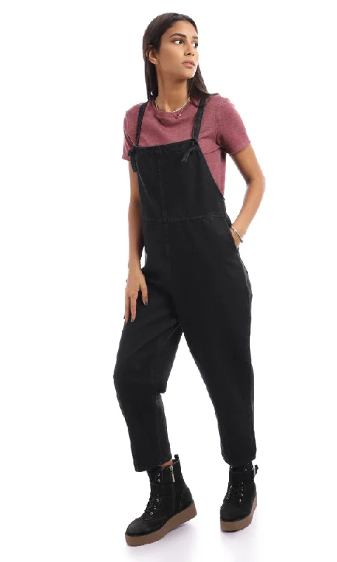 Midnight Sale 94798 Cotton Slip On Casual Denim Jumpsuit - Black