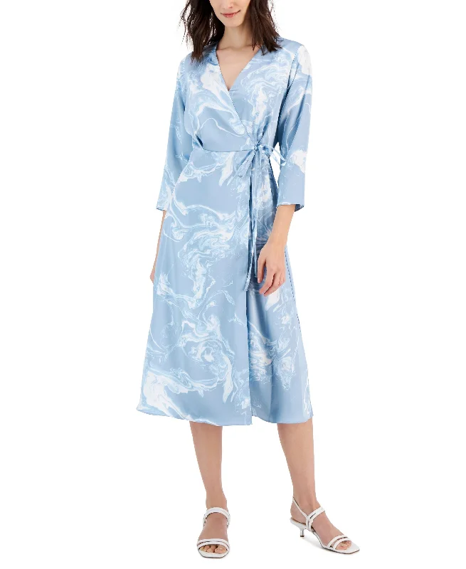 Best Bargains Alfani Womens Printed 3/4 Sleeve Midi Satin Wrap Dress