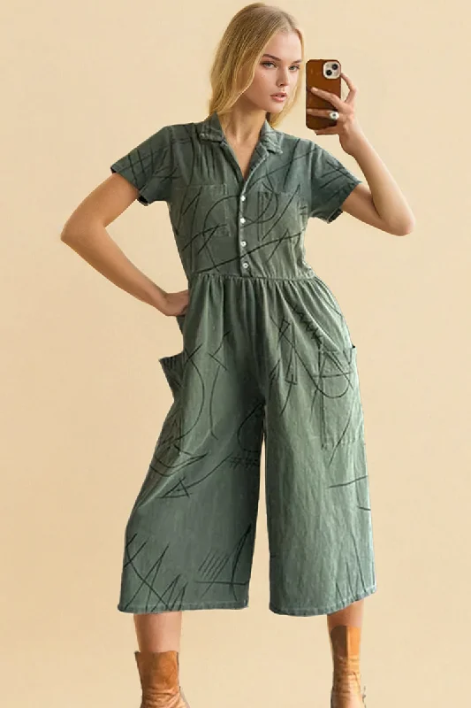Super Sale Artisan Hand-Painted Abstract Sage Jumpsuit