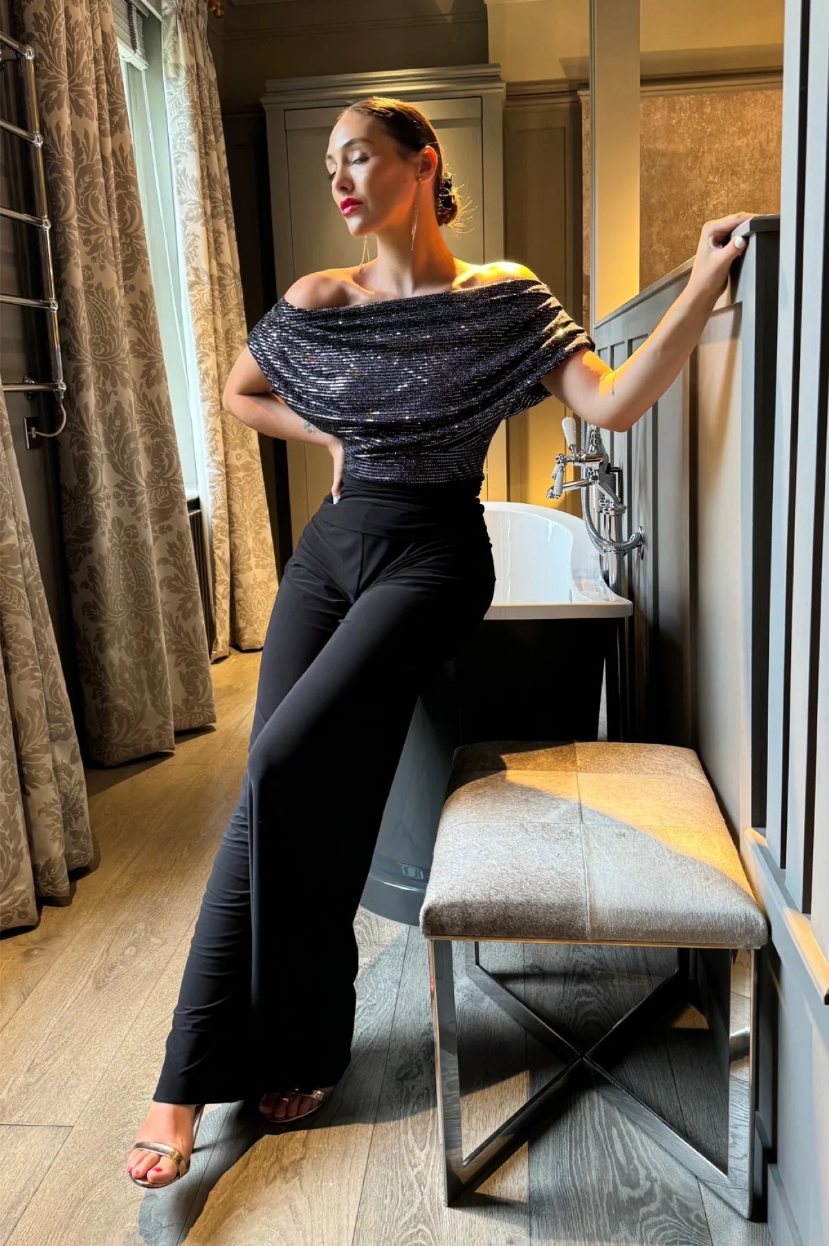 Super Savings ATOM LABEL Carbon Jumpsuit in Gunmetal Sequin & Black (Regular Length) Super Savings ATOM LABEL Carbon Jumpsuit in Gunmetal Sequin & Black (Regular Length)