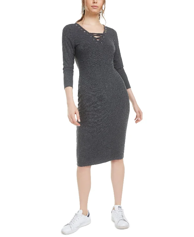 Epic Deals Bar III Lace Up Grommet Neck Ribbed Dress