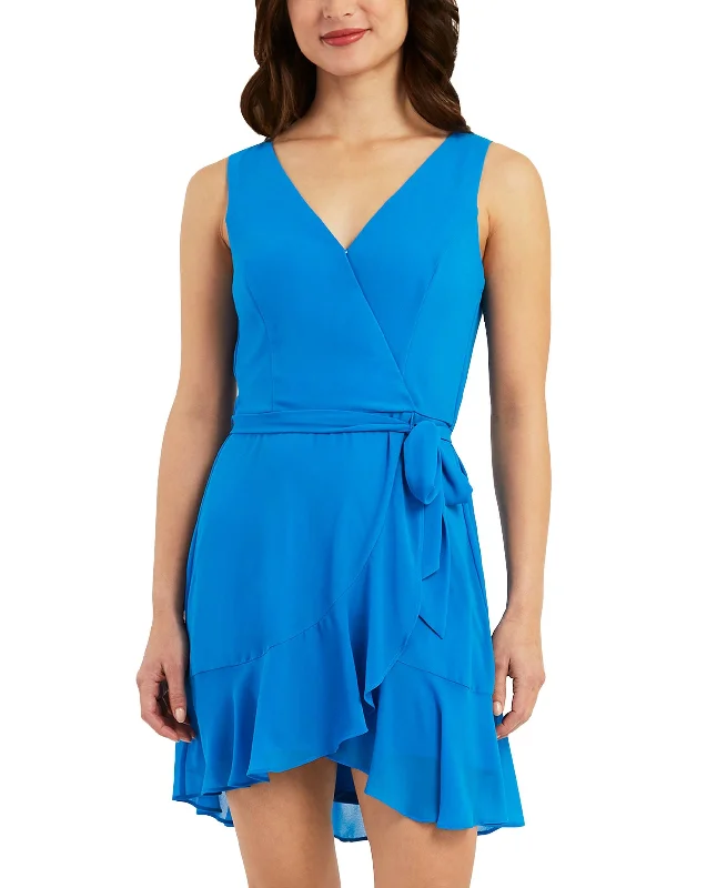 Value Deals BCX DRESS Womens Ruffled Sheer Line Tie Belt Pullover Sleeveless Surplice Neckline Above The Knee A-Line Dress
