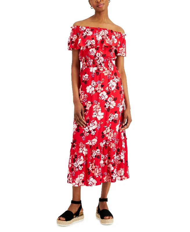 Members Only Charter Club Womens Off The Shoulder Floral Print Midi Dress