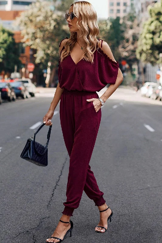 Sale Event Cold Shoulder Petite Jumpsuit (Wine Coloured)