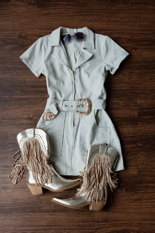 Instant Savings DENIM DAZED BELTED DRESS IN STONE