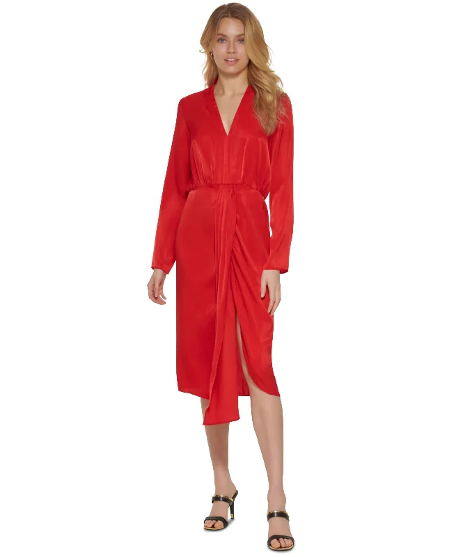 YEAR-End Sale DKNY Womens Faux Wrap Long Sleeve Satin Dress