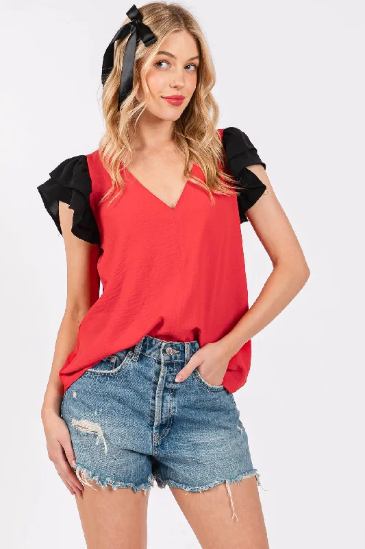 Year-End Clearance Game Day Contrast V-neck Flutter Sleeve Top