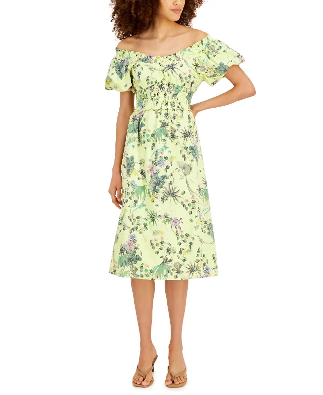 Early Bird Discount INC International Concepts Botanical Print Puff Sleeve Cotton Midi Dress
