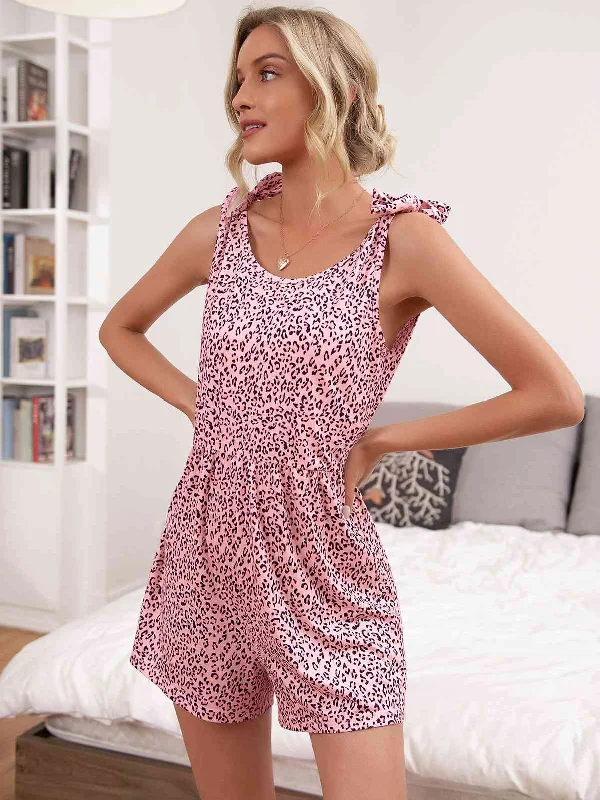 Inventory Reduction Leopard Tie-Shoulder Scoop Neck Romper