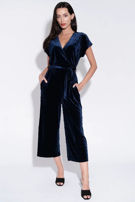 Bargain Blast Louche Tiffany Navy Blue Velvet Cropped Leg Jumpsuit