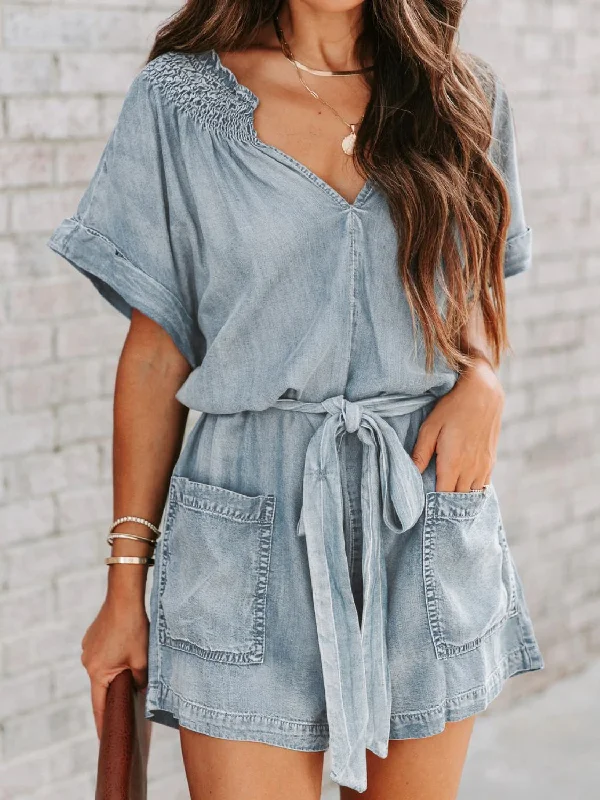 Extra Savings Notched Tie Waist Denim Romper