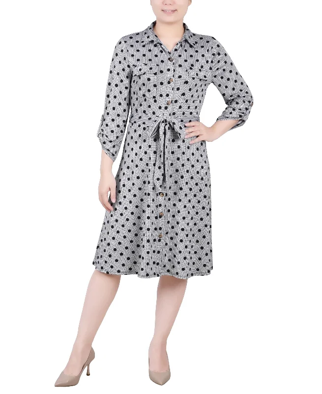 Season Finale Sale Petite 3/4 Sleeve Roll Tab Shirtdress