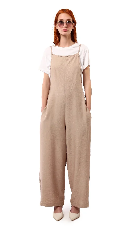 Mega Sale O181650 Square Neck Sleeveless Trendy Relaxed Jumpsuit - Light Coffee