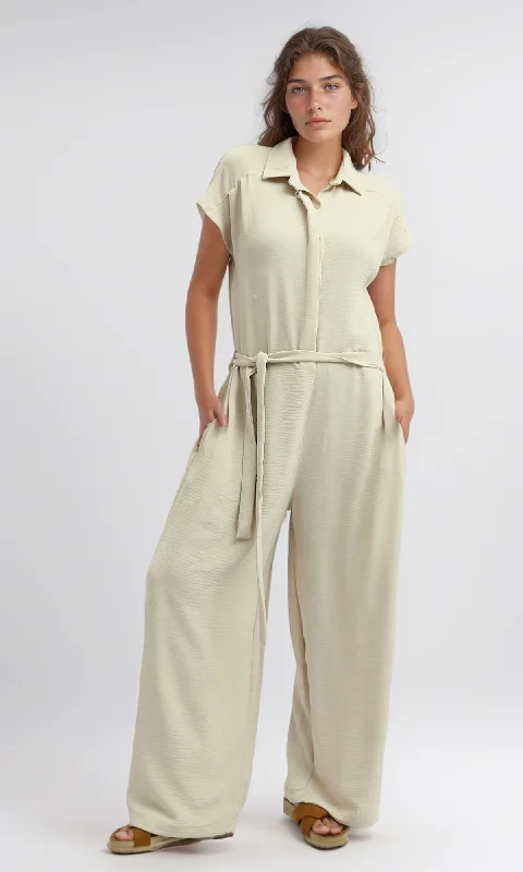 Today Only O197591 Summer Jumpsuit With Classic Collar Women Salopette - Biege