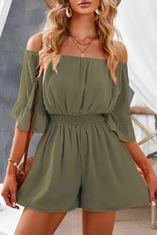 Exclusive Online Offer Off-Shoulder Smocked Waist Flounce Sleeve Romper