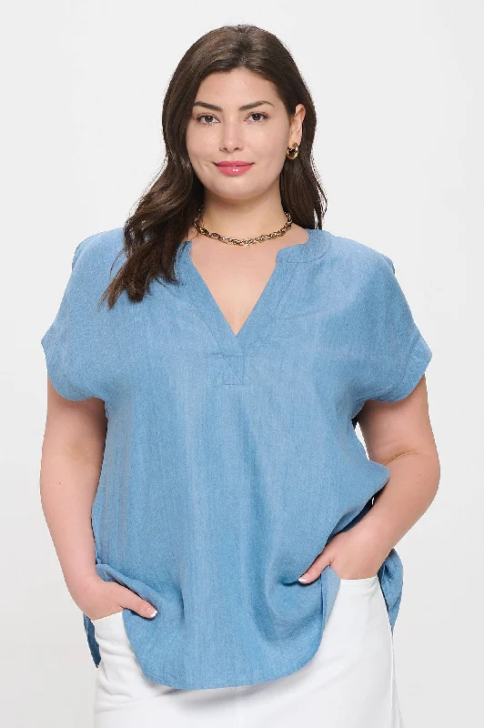 The Best Prices Chambray Split Neck Blouse