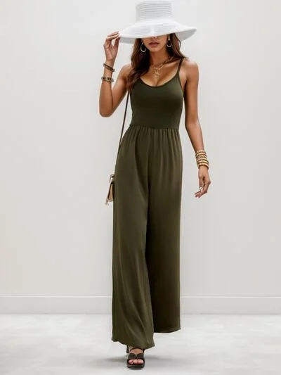 Shop and Save Forest Spaghetti Strap Wide Leg Romper Jumpsuit