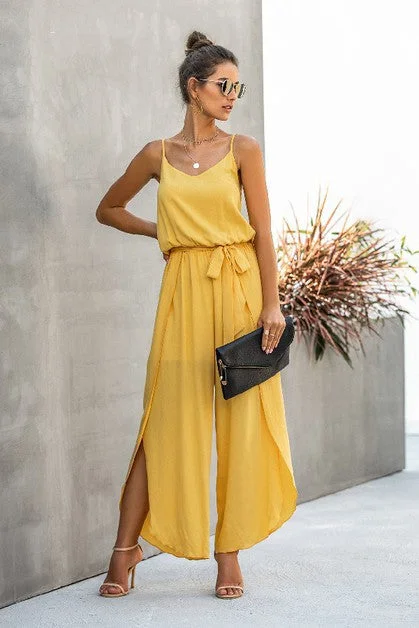 Shop and Save Spaghetti Strap Wide Leg Jumpsuit (Yellow)