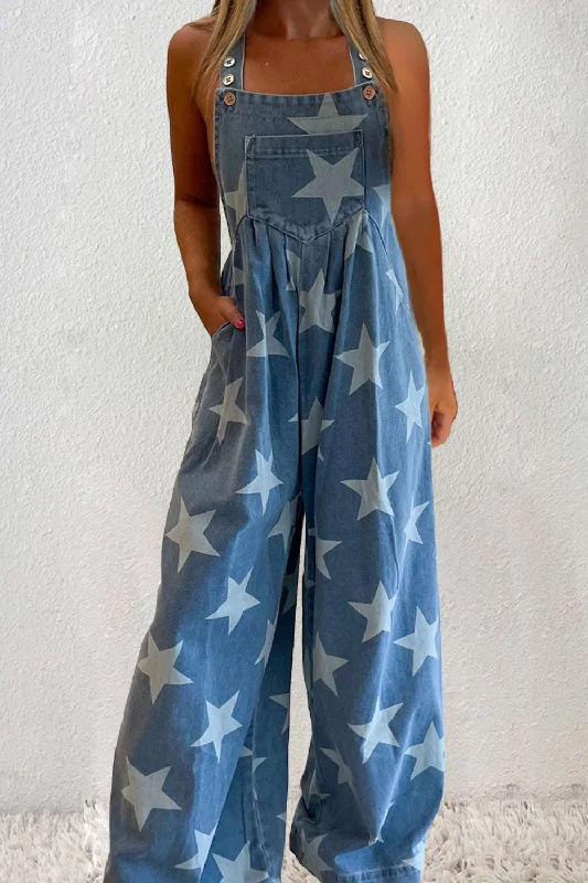 Early Access Star Square Neck Wide Leg Denim Overalls