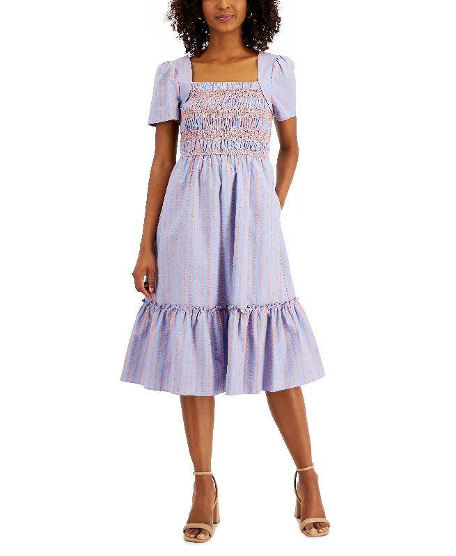 Online Exclusive Tahari Asl Cotton Smocked Seersucker Midi Dress