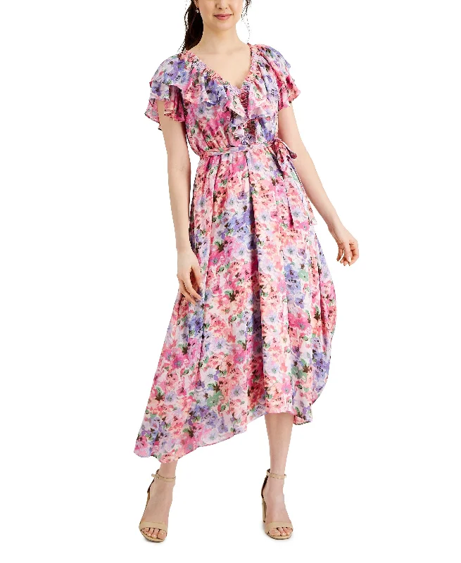 Huge Savings Taylor Ruffled Floral Print Chiffon A Line Dress