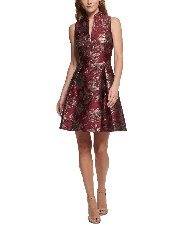 Time-Limited Offer Vince Camuto Womens Jacquard Ruffled-Neck Fit & Flare Dress