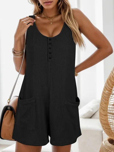 Super Deal Waffle-Knit Scoop Neck Wide Strap Ladies Romper (several colors)