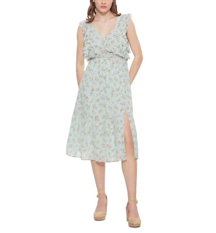 Price Reduction Women's Floral-Print Tie-Back Ruffled Midi Dress