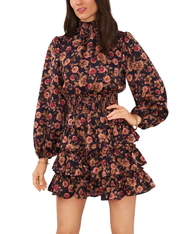 Super Deal Women's Long Sleeve Smock Neck Ruffle Skirt Dress